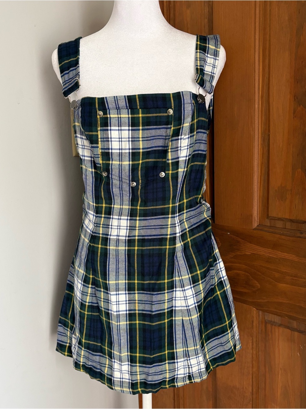 Vintage 90s Contempo Casuals Size 5 Small ? Plaid Jumper Overall Mini Dress